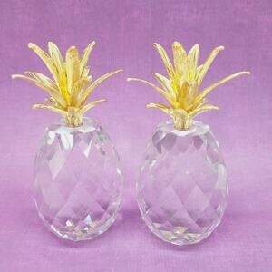 Handmade Faceted Clear Crystal Pinapples w/ Gold Gilt Leaves Set of 2 Heavy 4.5"